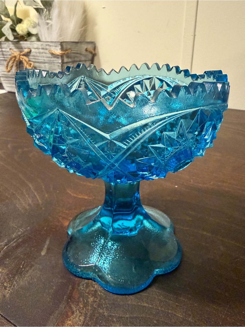 Kemple Wheaton Blue Star Burst Saw Tooth Pedestal Compote Candy Dish